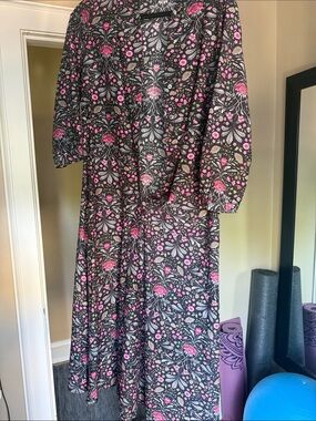 Black Floral Midi Dress with Pink Accents